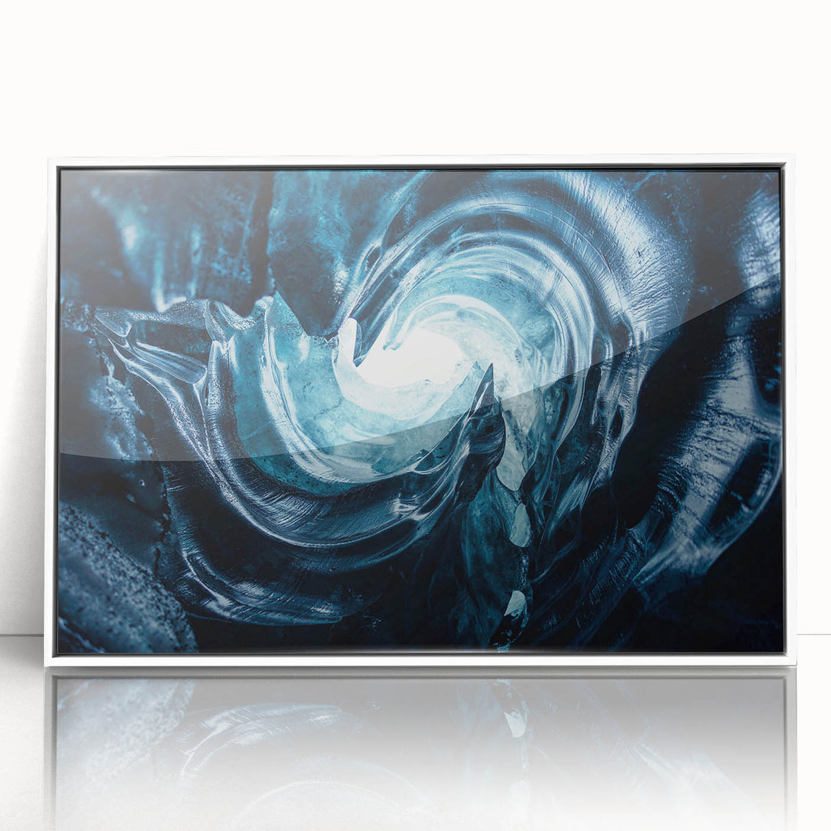 Framed acrylic wall art showcasing a stunning glacier landscape design, featuring vibrant blues and whites, perfect for modern home decor and nature enthusiasts.