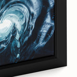 Close-up of a framed canvas wall art piece showcasing a vibrant glacier landscape design, featuring intricate details and rich colors that evoke a serene natural atmosphere. Ideal for home decor, this artwork enhances any space with its stunning visual appeal and artistic depth.