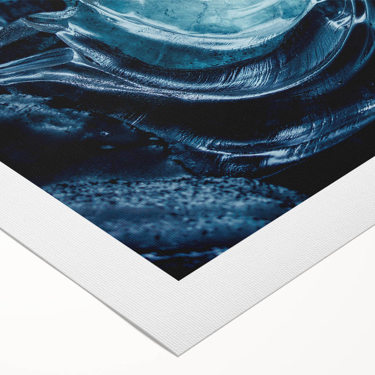 Glacier design wall art on rolled canvas showcasing stunning icy landscapes in vibrant blues and whites, ideal for modern home decor. Packaged securely in a cardboard tube.