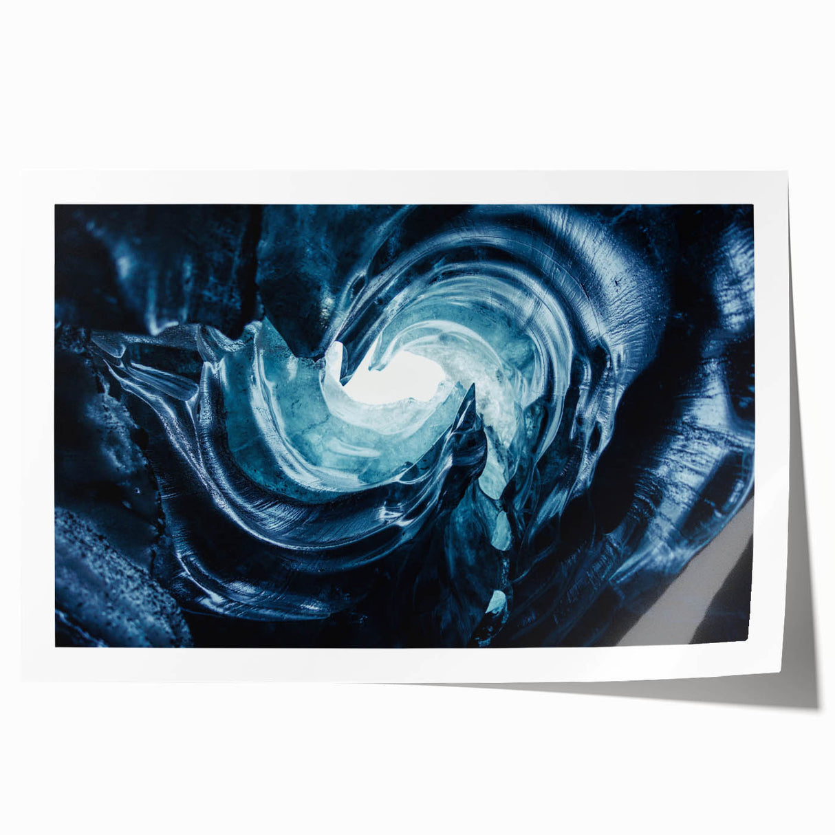 Vibrant rolled wall art print showcasing a stunning glacier landscape design with icy blue hues and intricate details, ideal for home decor or office spaces.