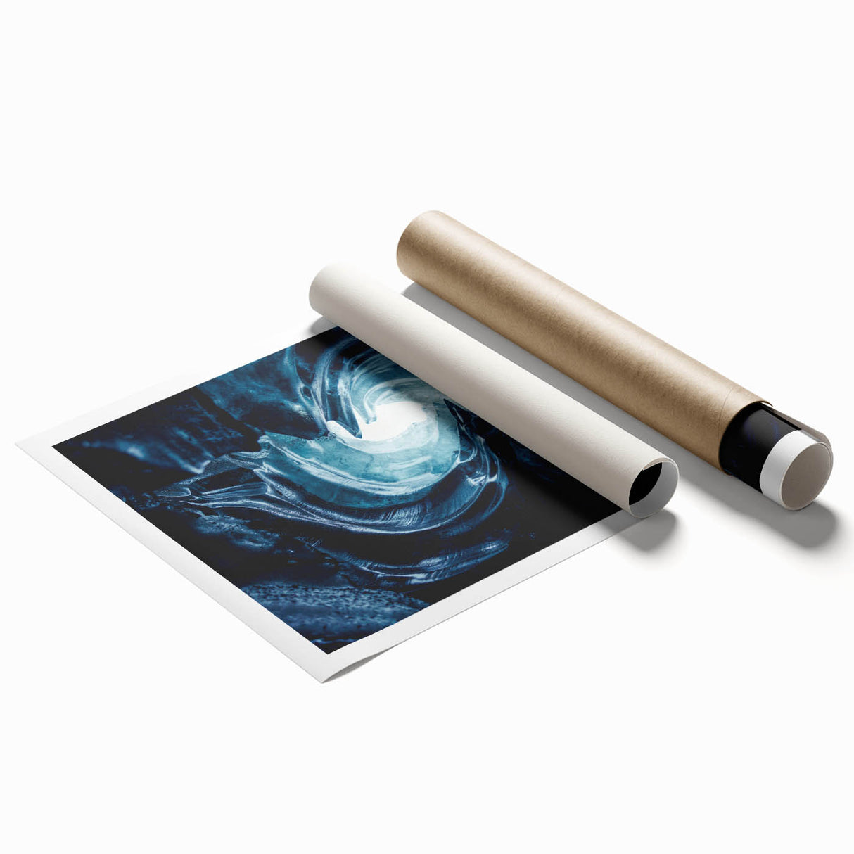 Rolled print showcasing a stunning glacier landscape design with vibrant blues and whites, ideal for home decor, packaged securely in a protective tube.