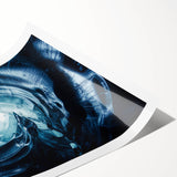 Vibrant rolled print of a glacier landscape design showcasing icy blues and whites, ideal for modern home decor, elegantly packaged in a protective cardboard tube.