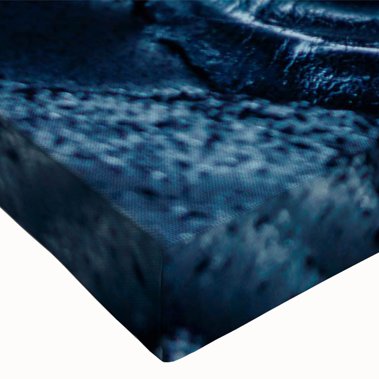 Close-up of a stretched canvas wall art piece showcasing a vibrant glacier landscape design, featuring rich blues and whites with intricate textures, perfect for modern decor.