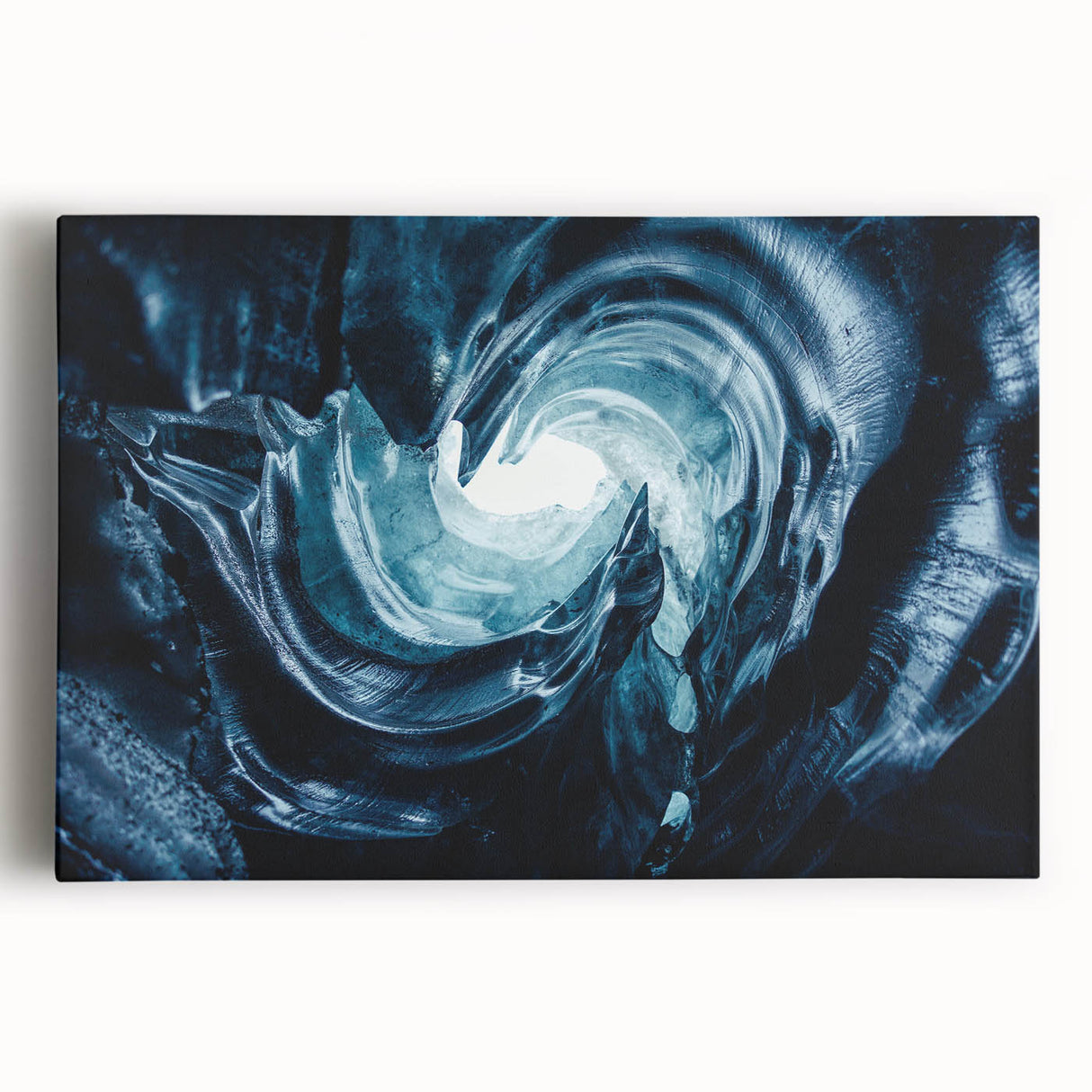 Stretched canvas artwork showcasing a stunning glacier landscape design, featuring icy blues and whites, perfect for enhancing modern home decor.