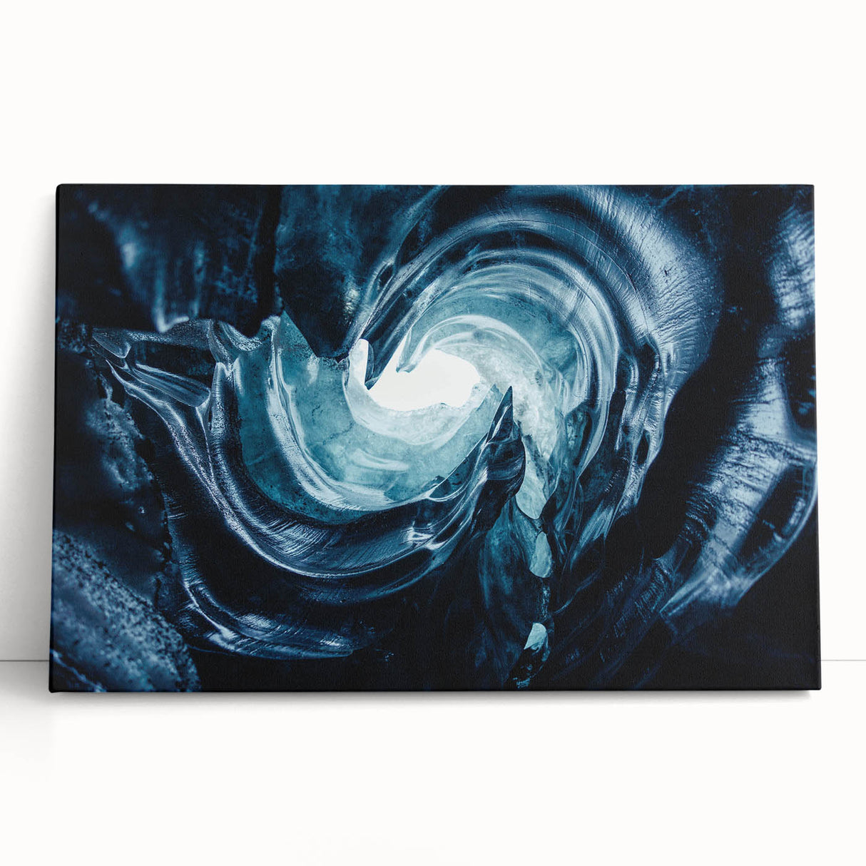 Stretched canvas wall art showcasing a stunning glacier landscape design, featuring cool blue and white tones, perfect for modern home decor.