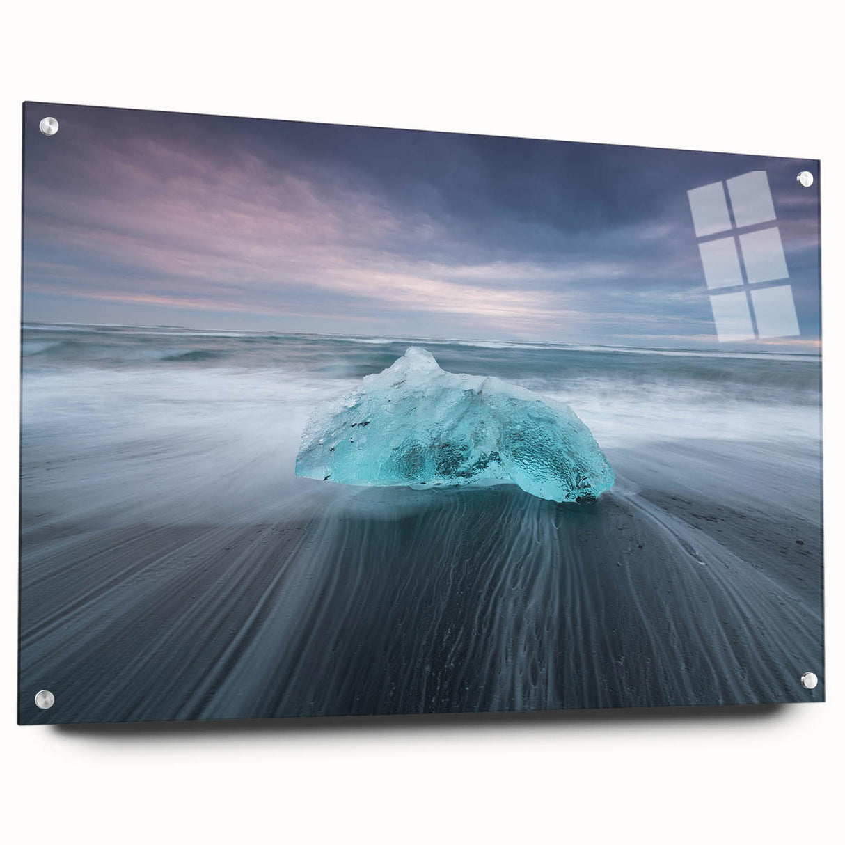 Side view of a contemporary wall art collection featuring a glacier landscape design, printed on acrylic glass with visible mounting pins, showcasing vibrant colors and intricate details for modern home decor.