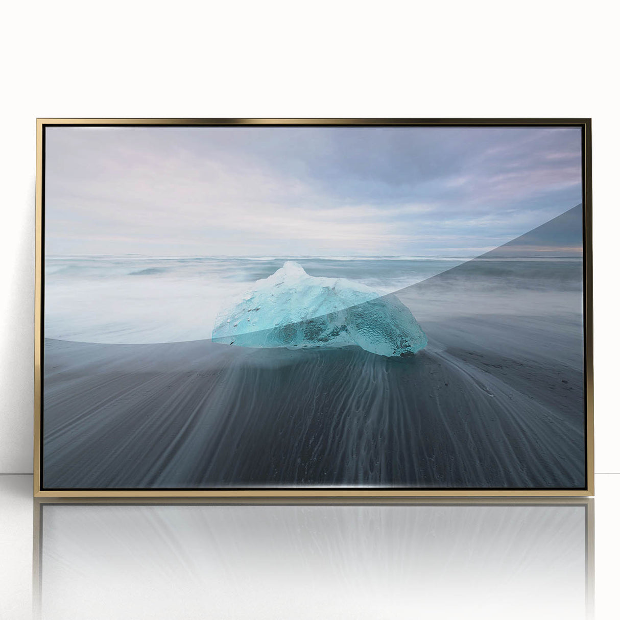 Framed wall art showcasing a stunning glacier landscape design with gold accents, ideal for modern decor. The acrylic front enhances visual depth and elegance.