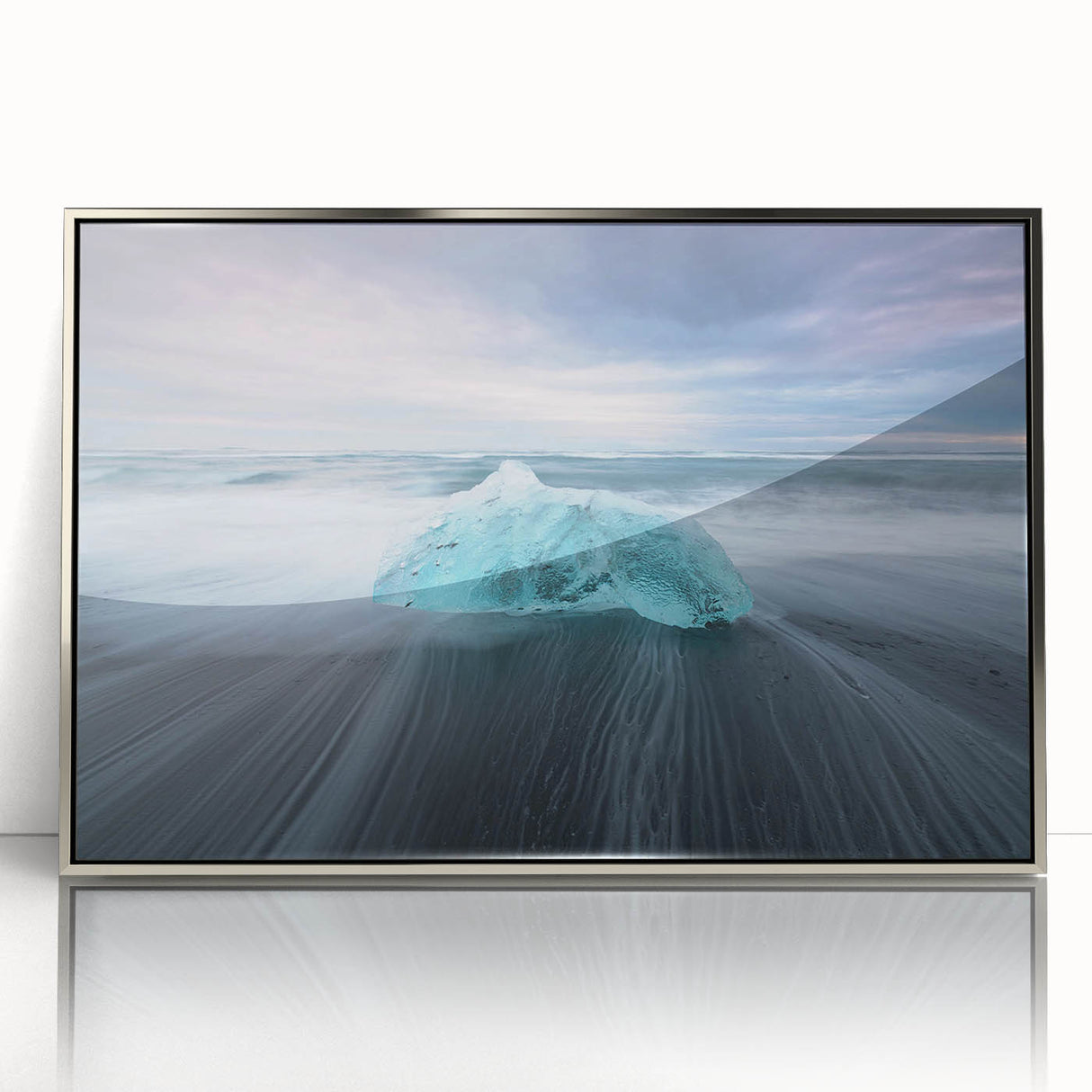 Framed acrylic wall art featuring a stunning glacier landscape design with silver accents, showcasing vibrant blues and whites to enhance modern decor.