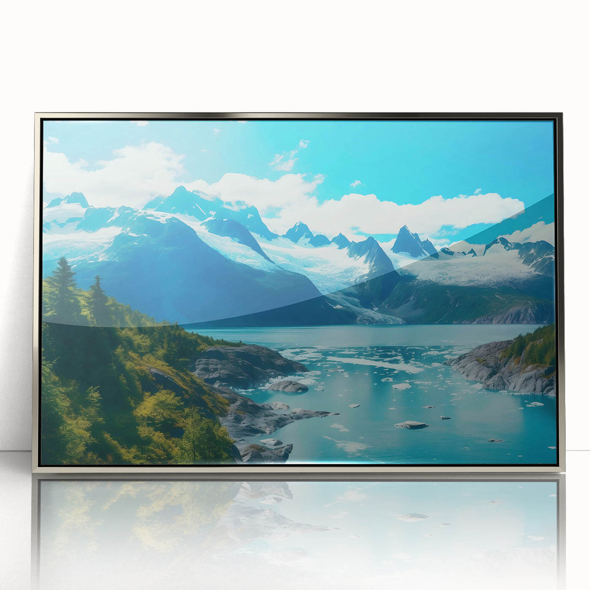 Framed wall art featuring a stunning glacier landscape design, with a sleek silver frame and acrylic front, perfect for modern home decor.