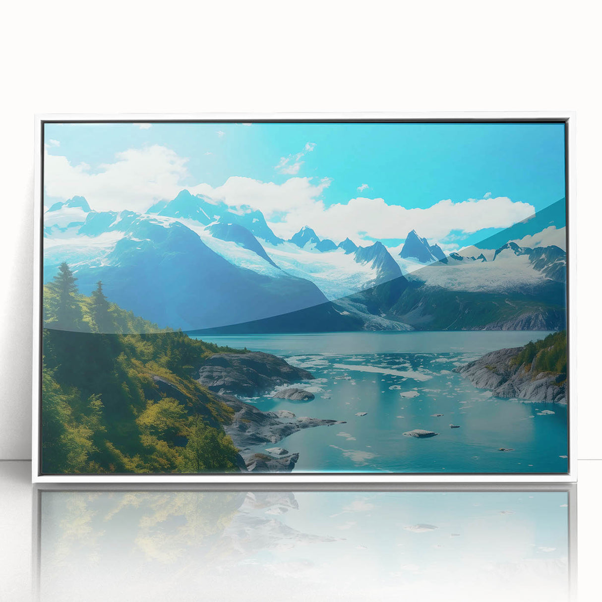 Framed acrylic wall art featuring a stunning glacier landscape design, highlighting icy blue tones and intricate details, perfect for modern home decor.
