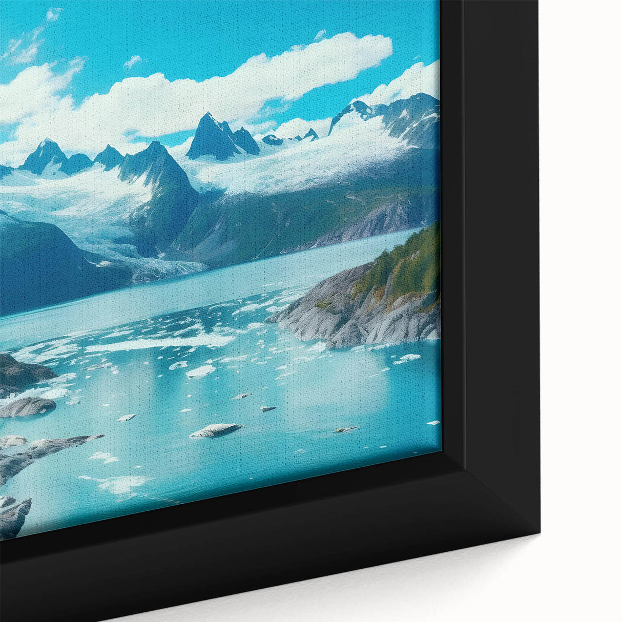 Close-up of a framed canvas print showcasing a stunning glacier landscape design, featuring vibrant blues and whites, perfect for contemporary home decor. Ideal for nature lovers seeking unique wall art.