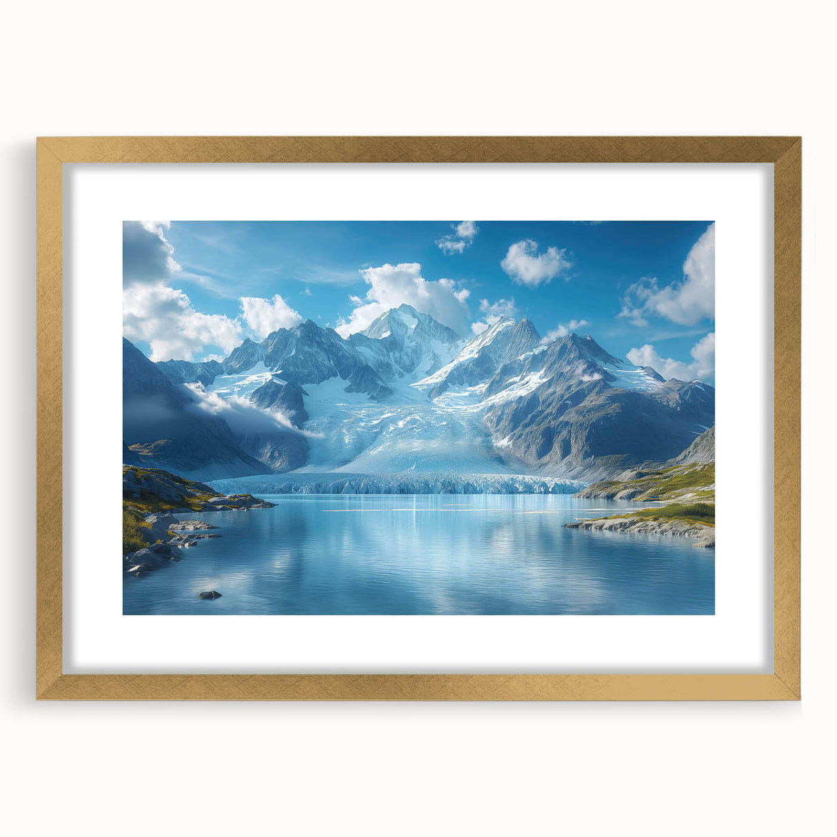 Framed wall art collection featuring a stunning glacier landscape design with a gold mat, showcasing cool blue and white tones for a serene aesthetic. Ideal for modern decor.