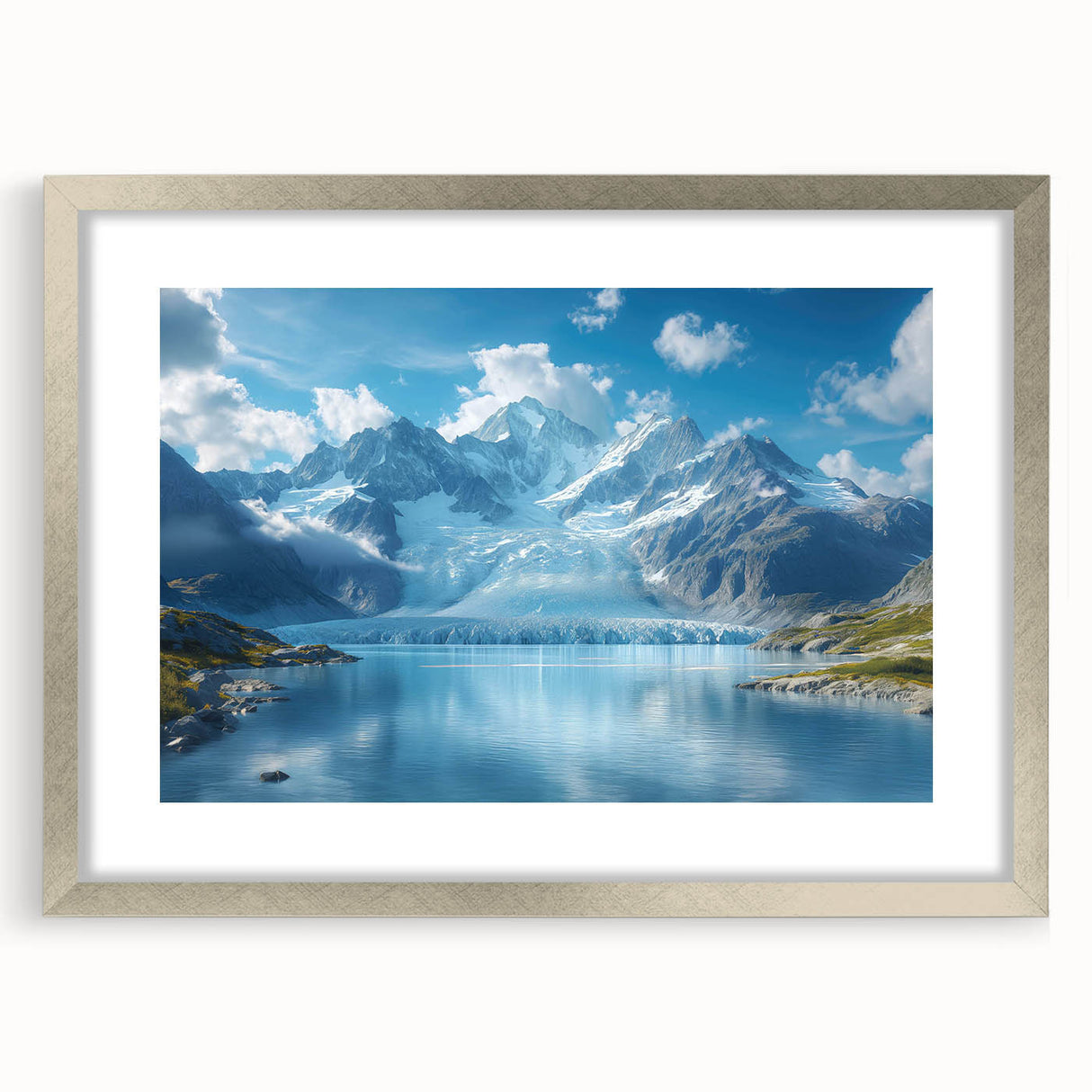 Framed landscape wall art featuring a serene glacier design, with a silver mat and sleek frame, perfect for enhancing modern home decor.