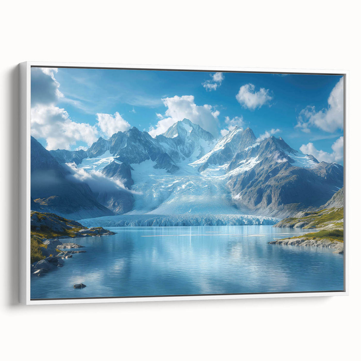 Framed canvas wall art showcasing a stunning glacier landscape design, featuring vibrant blues and whites, displayed from a side view against a white background.
