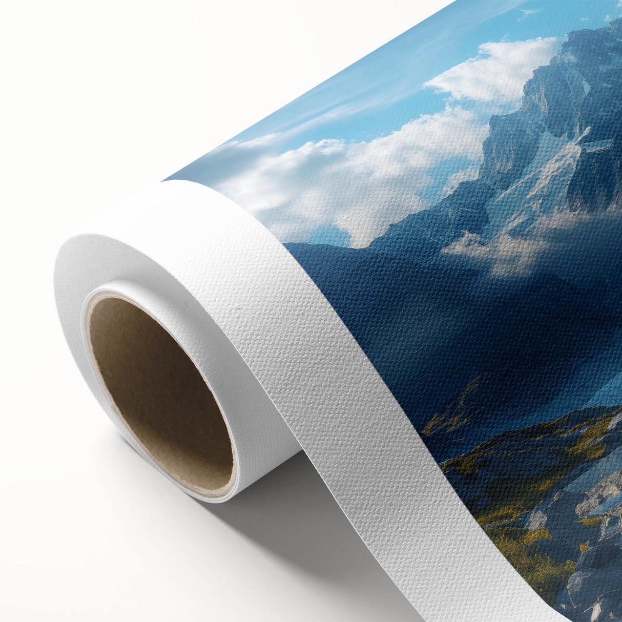 Rolled canvas artwork showcasing a stunning glacier landscape design in vibrant blues and whites, ideal for home decor and nature enthusiasts, elegantly packaged for delivery.