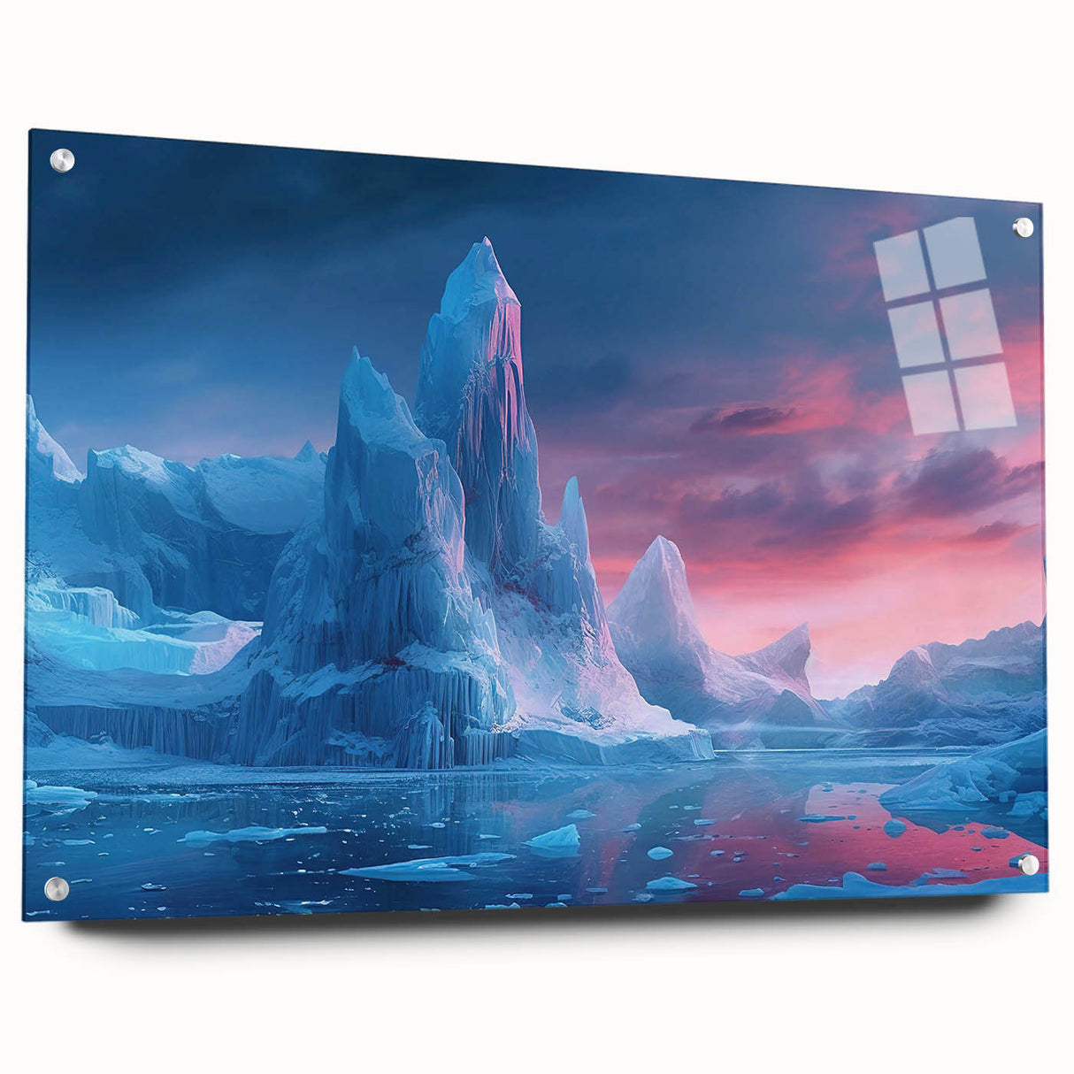 Acrylic glass wall art showcasing a stunning landscape design with a glacier theme, elegantly displayed in a side view with decorative pins, perfect for modern home decor.