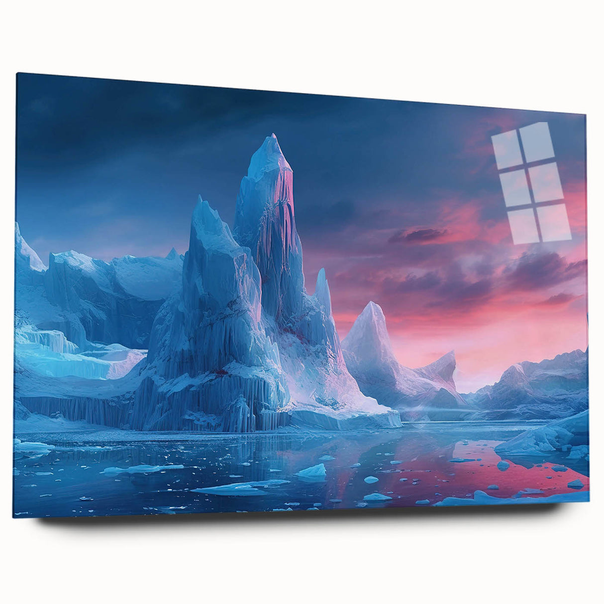 Side view of Glacier Design 22 wall art collection displayed on acrylic glass, showcasing vibrant colors and intricate landscape details, ideal for modern decor.