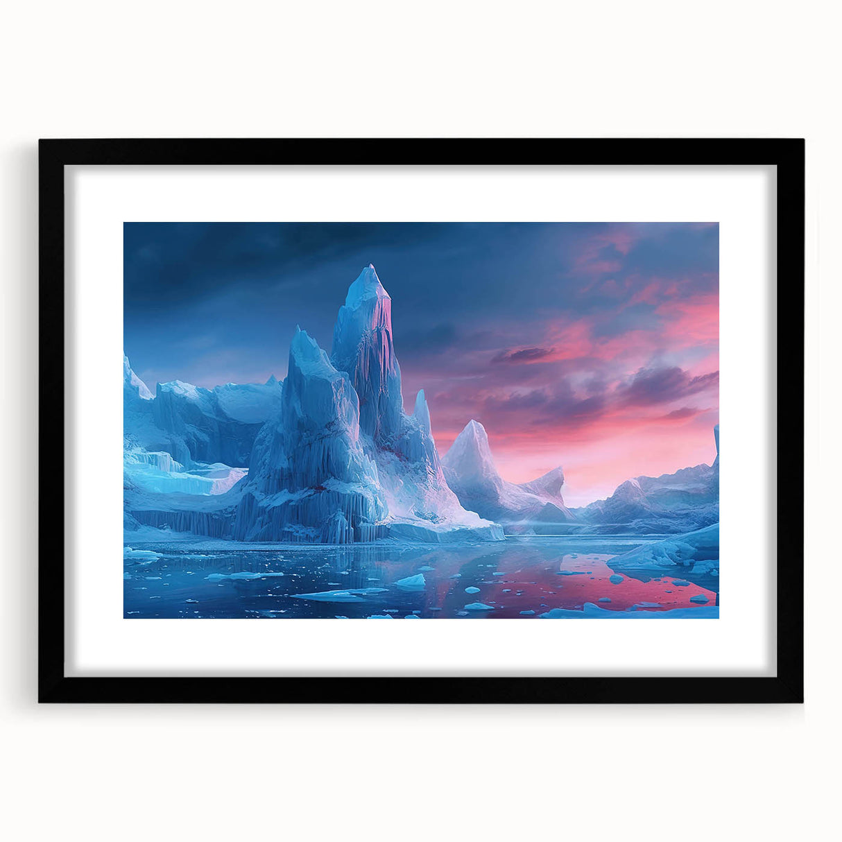 Framed landscape wall art featuring a stunning glacier design, presented in a sleek black frame with a mat, ideal for modern home decor and interior styling.