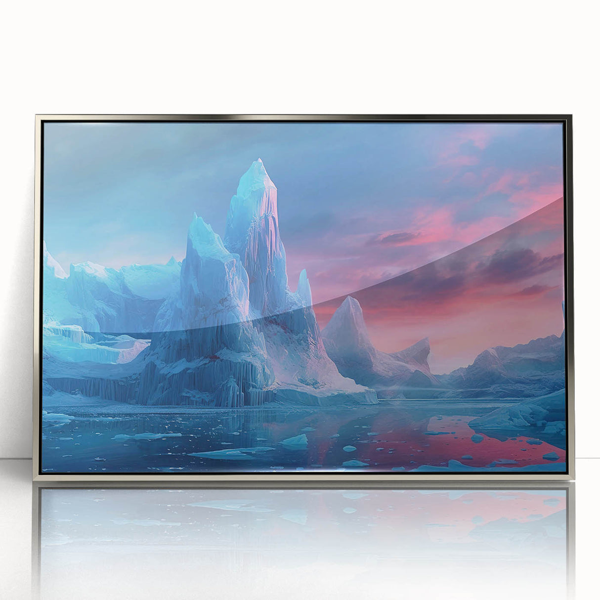 Framed acrylic wall art showcasing a stunning glacier landscape design with silver accents, perfect for modern home decor. Ideal for nature enthusiasts and art collectors.