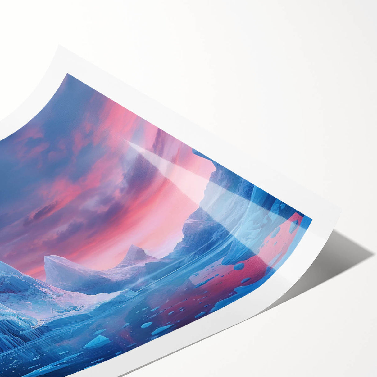 Vibrant rolled print of glacier landscape wall art showcasing icy blues and whites, perfect for home decor, rolled for easy shipping and display.