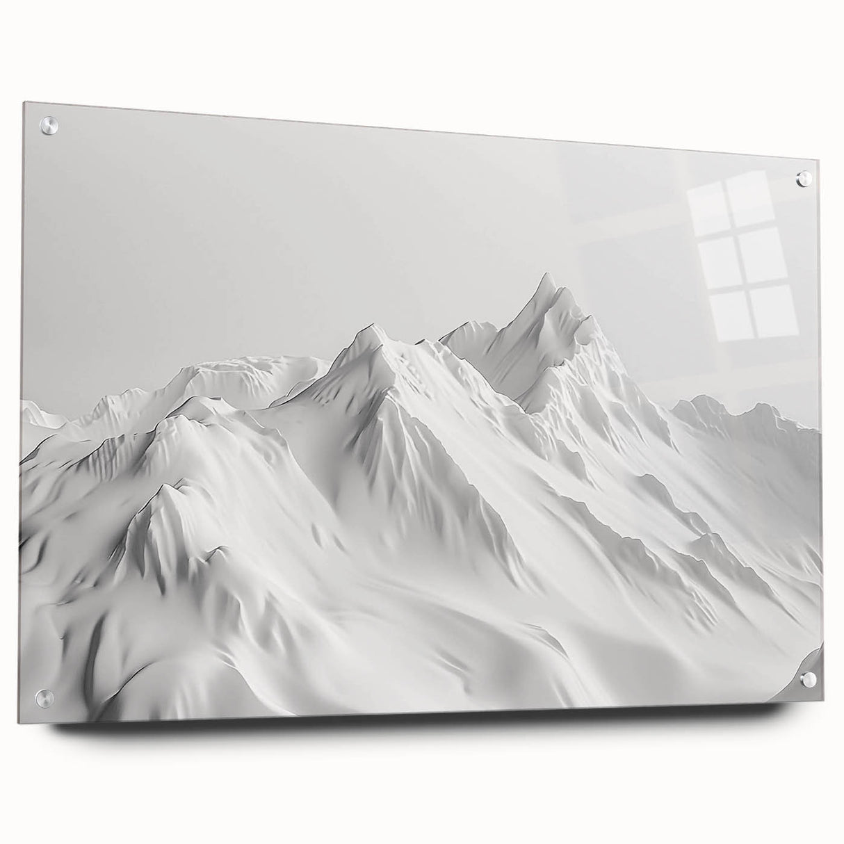 Acrylic glass wall art showcasing a stunning glacier landscape design, featuring vibrant blue and white colors, displayed with stylish pins in a contemporary setting.