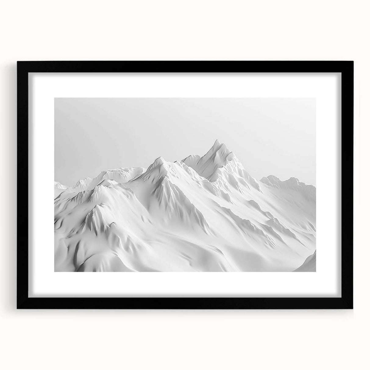 Framed black wall art showcasing a stunning glacier landscape design, complete with a white mat and elegant black frame, perfect for modern home decor.