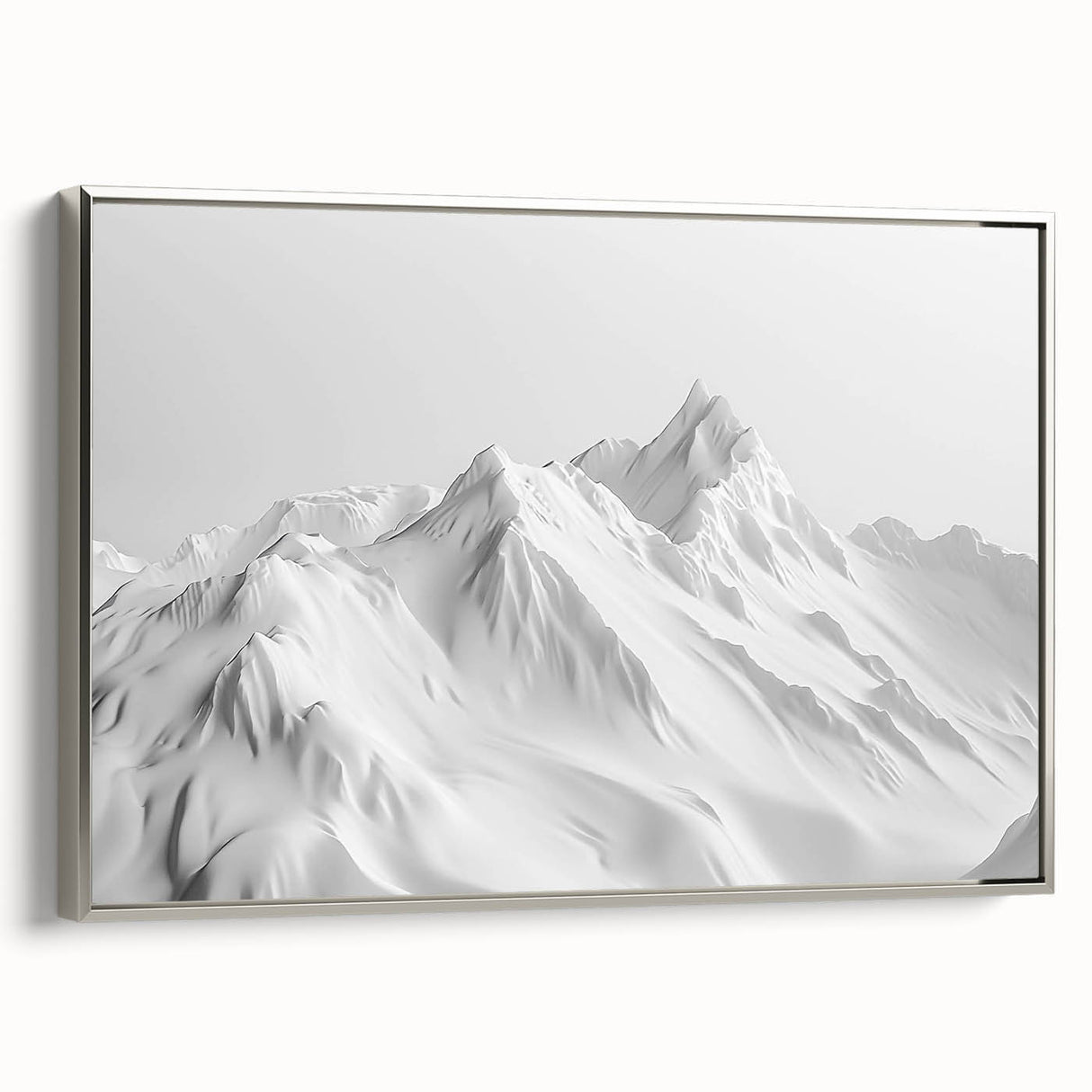 Framed canvas wall art showcasing a stunning glacier landscape design, featuring cool blue and white tones, elegantly displayed with a silver frame for a modern touch.