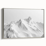 Framed canvas wall art showcasing a stunning glacier landscape design, featuring cool blue and white tones, elegantly displayed with a silver frame for a modern touch.