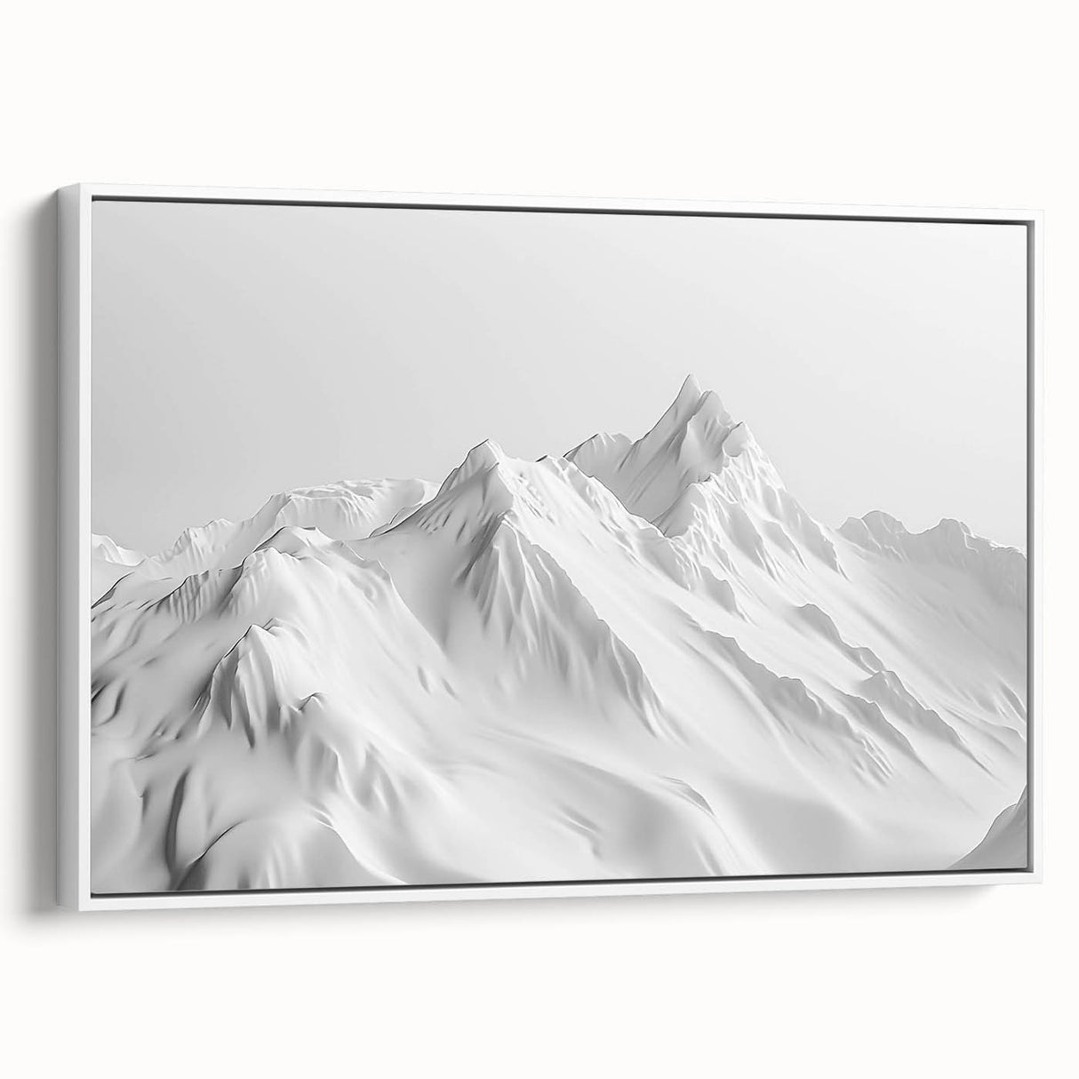 Framed canvas wall art showcasing a stunning glacier landscape design in vibrant blues and whites, presented in a sleek white frame with a side view perspective. Ideal for modern home decor, this piece evokes a sense of tranquility and natural beauty.