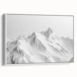 Framed canvas wall art showcasing a stunning glacier landscape design in vibrant blues and whites, presented in a sleek white frame with a side view perspective. Ideal for modern home decor, this piece evokes a sense of tranquility and natural beauty.