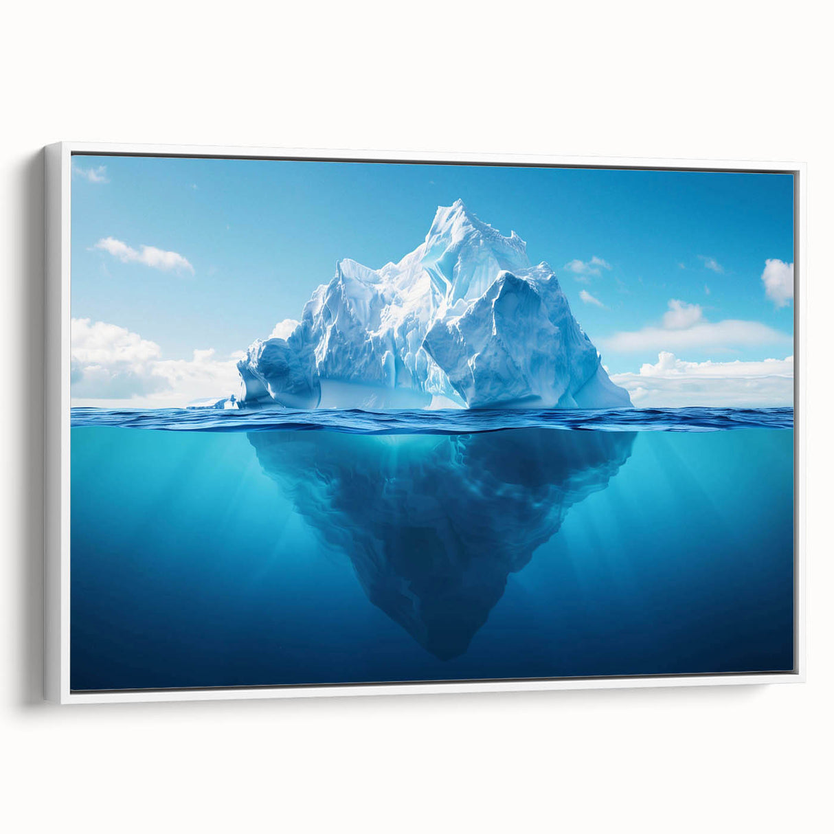 Framed canvas wall art showcasing a stunning glacier landscape design, featuring cool blue tones and intricate details, perfect for modern home decor.