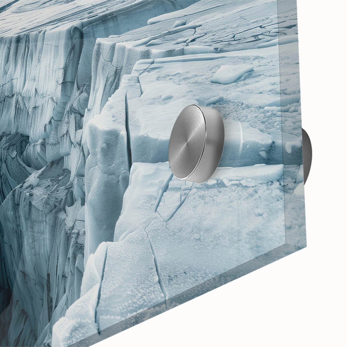 Close-up view of a vibrant glacier landscape wall art piece, featuring intricate ice formations and cool blue hues, designed for modern home decor.