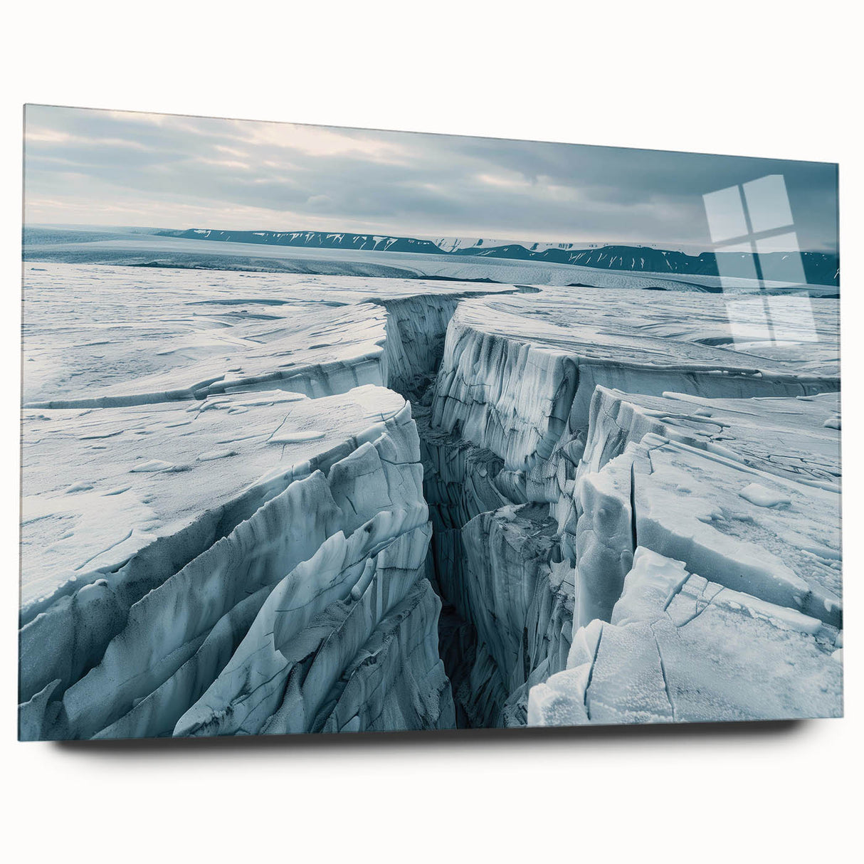 Acrylic glass wall art showcasing a stunning glacier landscape design from the 25-piece collection, displayed in a side view without pins, emphasizing vibrant colors and intricate details. Perfect for modern home decor enthusiasts seeking to enhance their interior aesthetics.