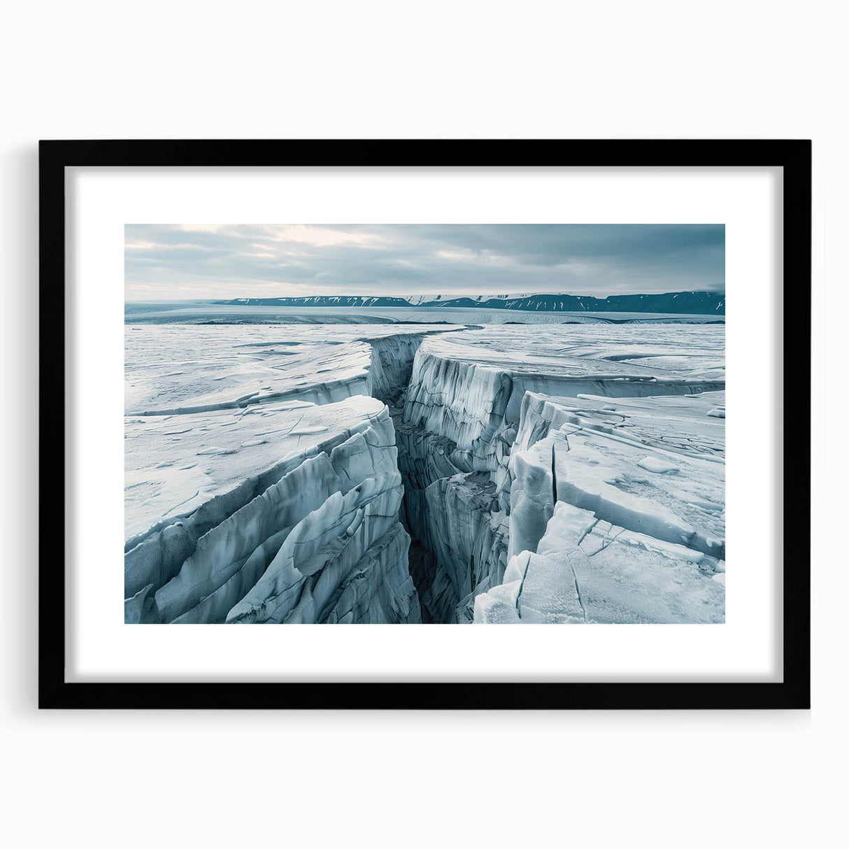 Black-framed wall art featuring a stunning glacier landscape design, showcased with a white mat, ideal for enhancing home decor with a touch of nature.