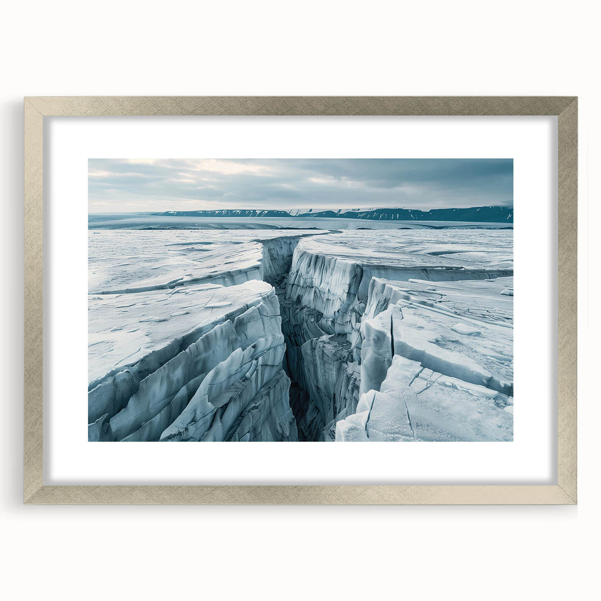 Framed wall art featuring a stunning landscape design of a glacier, showcased in a sleek silver frame with a white mat, ideal for modern home decor.
