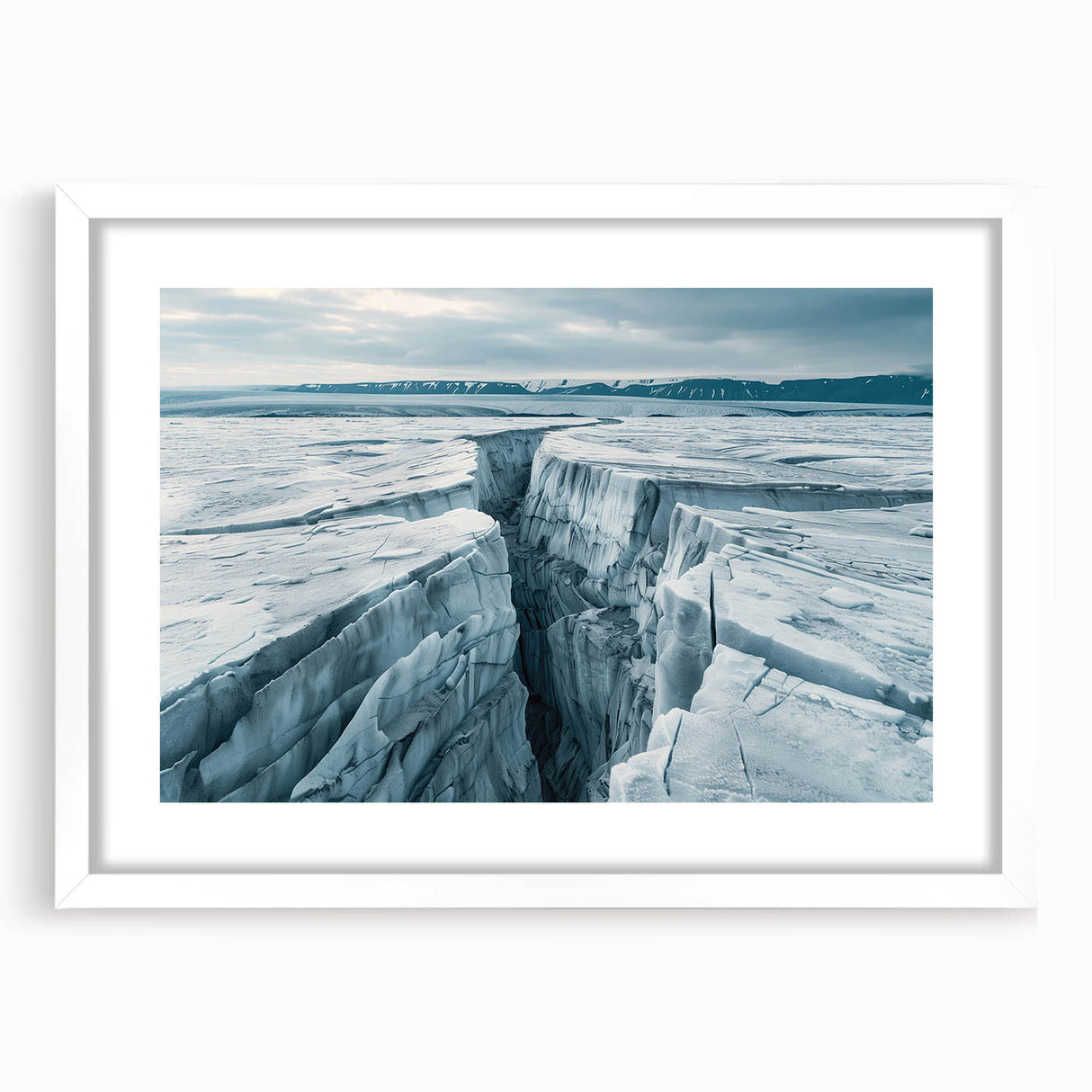 Framed wall art featuring a stunning glacier landscape design, set in a white mat and frame, ideal for enhancing modern home decor with a serene natural vibe.