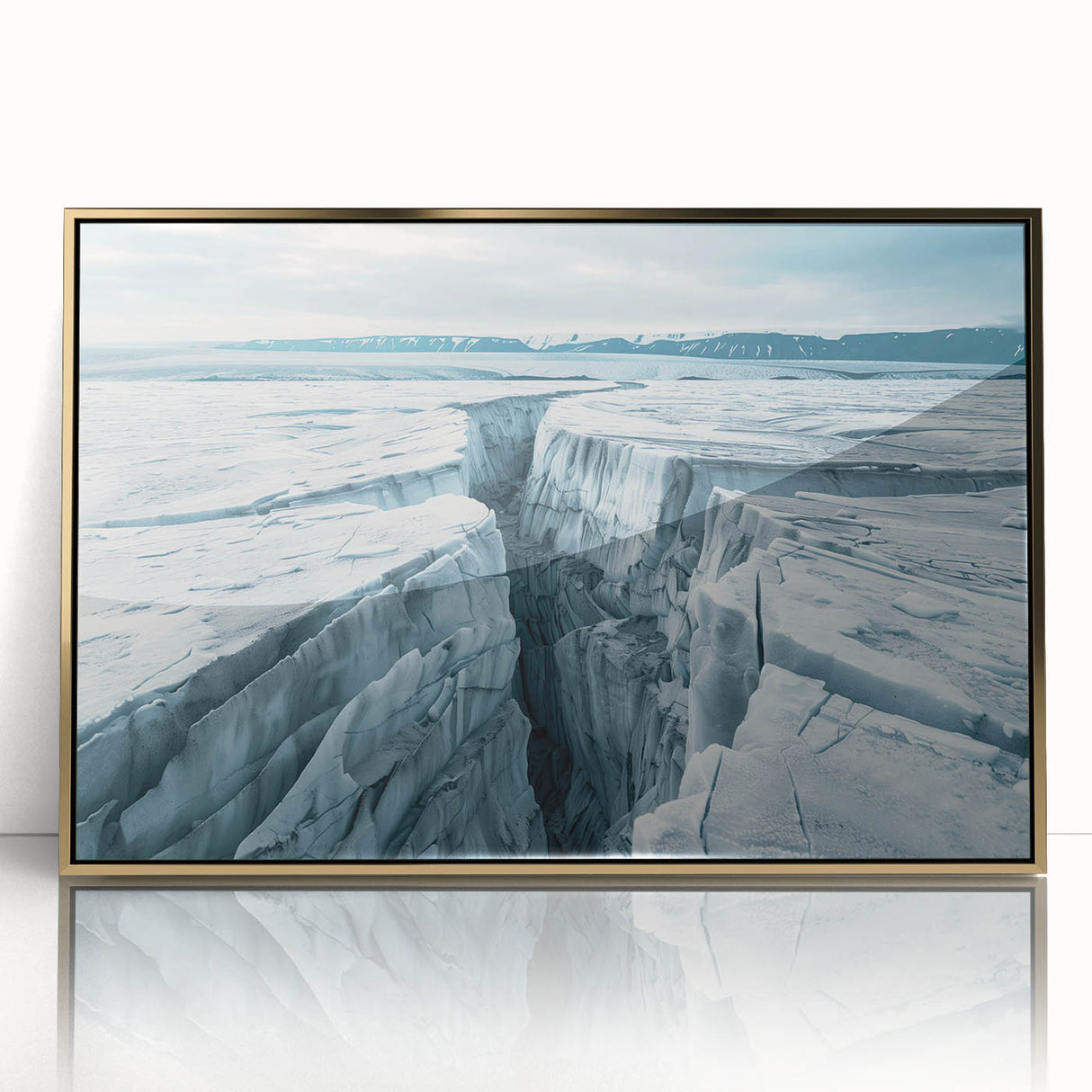 Framed acrylic wall art featuring a stunning glacier landscape design with gold accents, showcasing vibrant colors and intricate details, ideal for home decor.