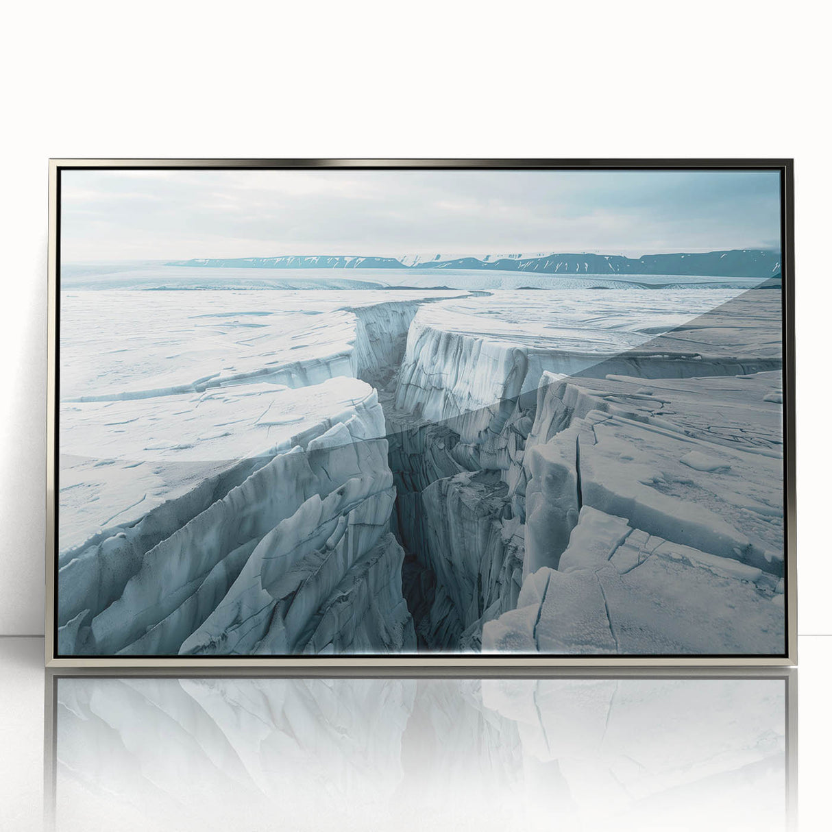 Framed acrylic wall art showcasing a stunning glacier landscape design with a silver frame, perfect for modern home decor. Ideal for adding a touch of nature to any room.