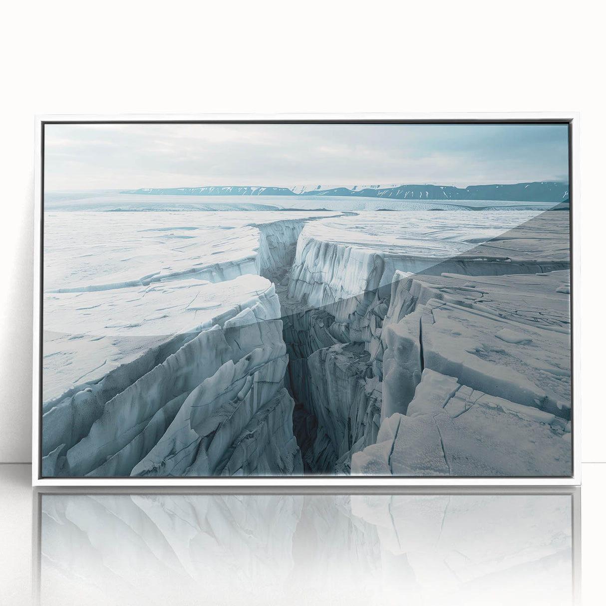 Framed acrylic wall art showcasing a stunning glacier landscape design with vibrant blues and whites, ideal for home decor and nature enthusiasts.