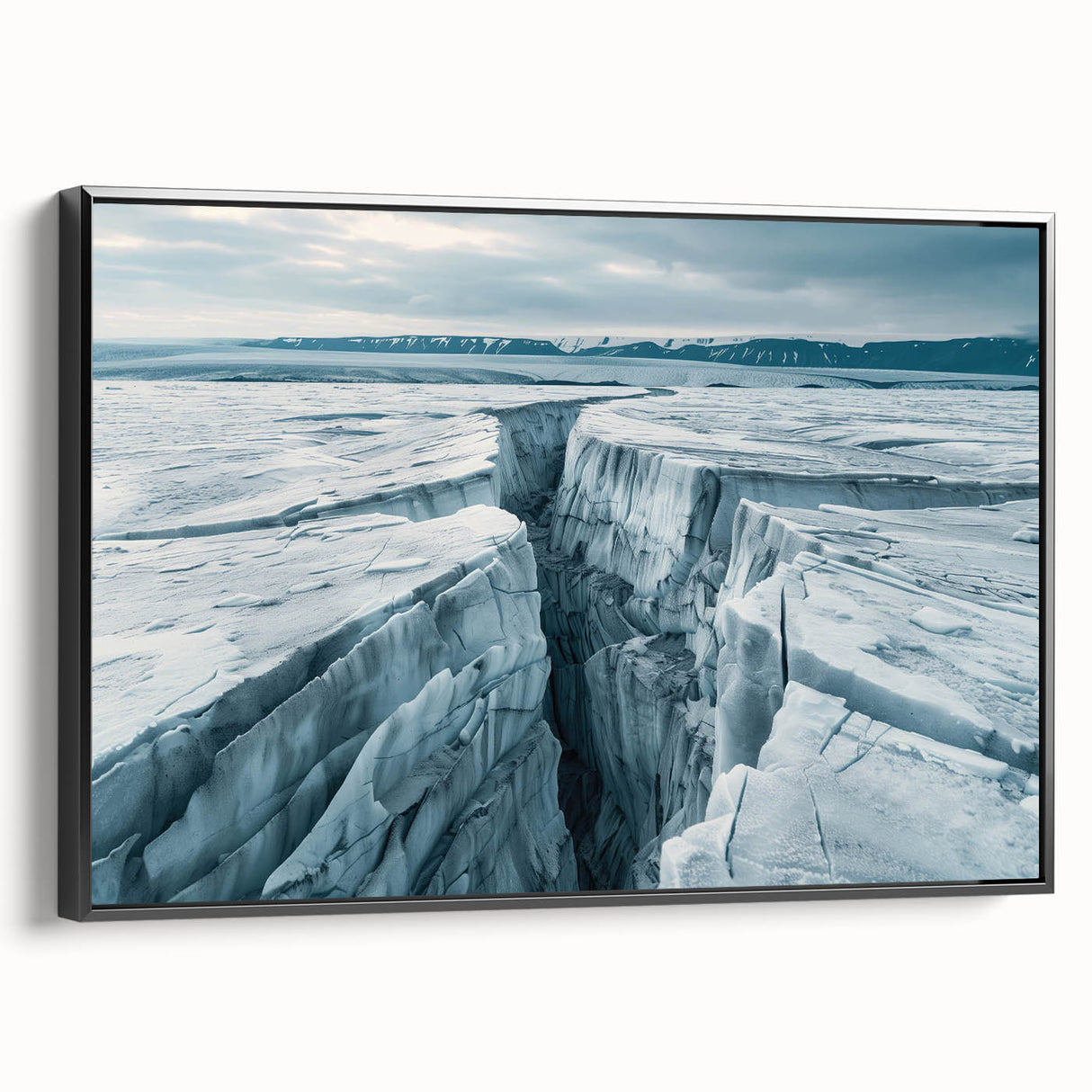 Framed canvas wall art showcasing a stunning glacier landscape design, featuring vibrant blues and whites, with a sleek black frame, ideal for modern decor.