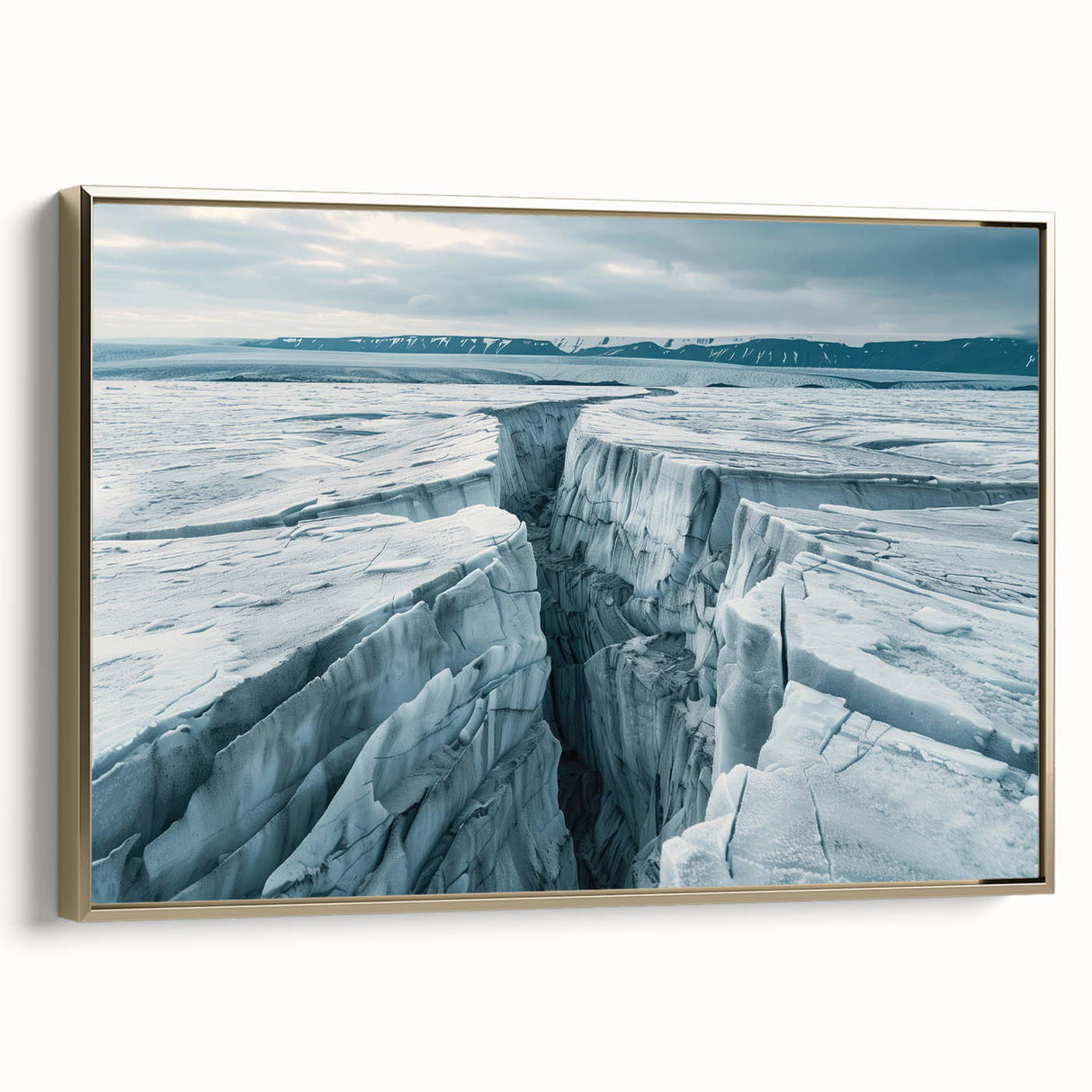 Framed canvas wall art depicting a stunning glacier landscape design with vibrant blue and white tones, accented by a sleek gold frame, ideal for modern decor.
