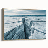 Framed canvas wall art depicting a stunning glacier landscape design with vibrant blue and white tones, accented by a sleek gold frame, ideal for modern decor.