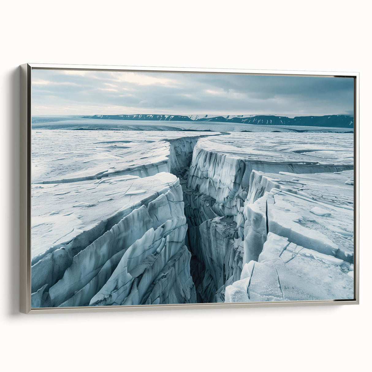 Framed canvas wall art showcasing a stunning glacier landscape design with silver accents, perfect for modern home decor. Ideal for adding a serene touch to any room.