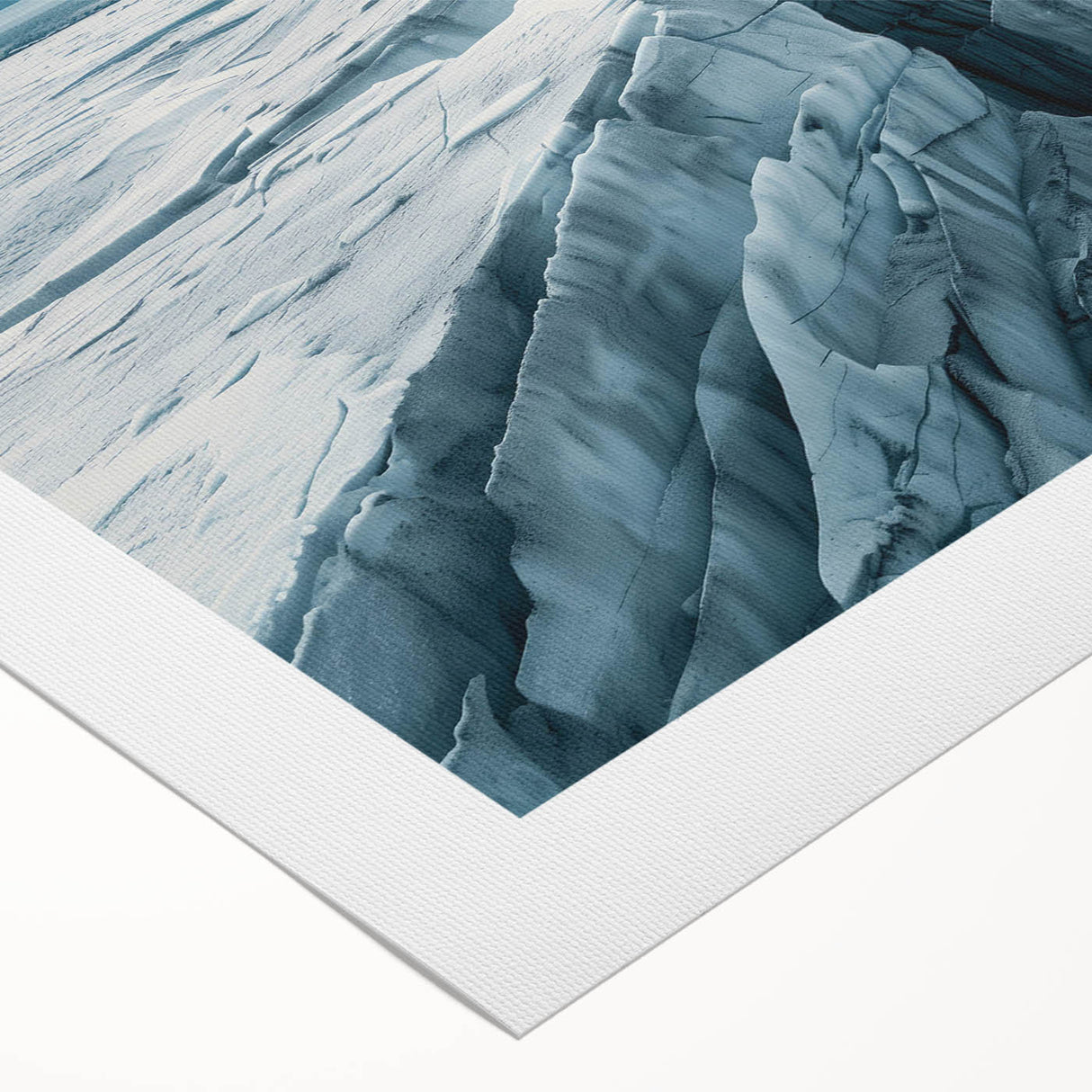 Rolled canvas art featuring a stunning glacier landscape design, showcasing vibrant blues and whites, ideal for modern home decor, presented in a protective tube.