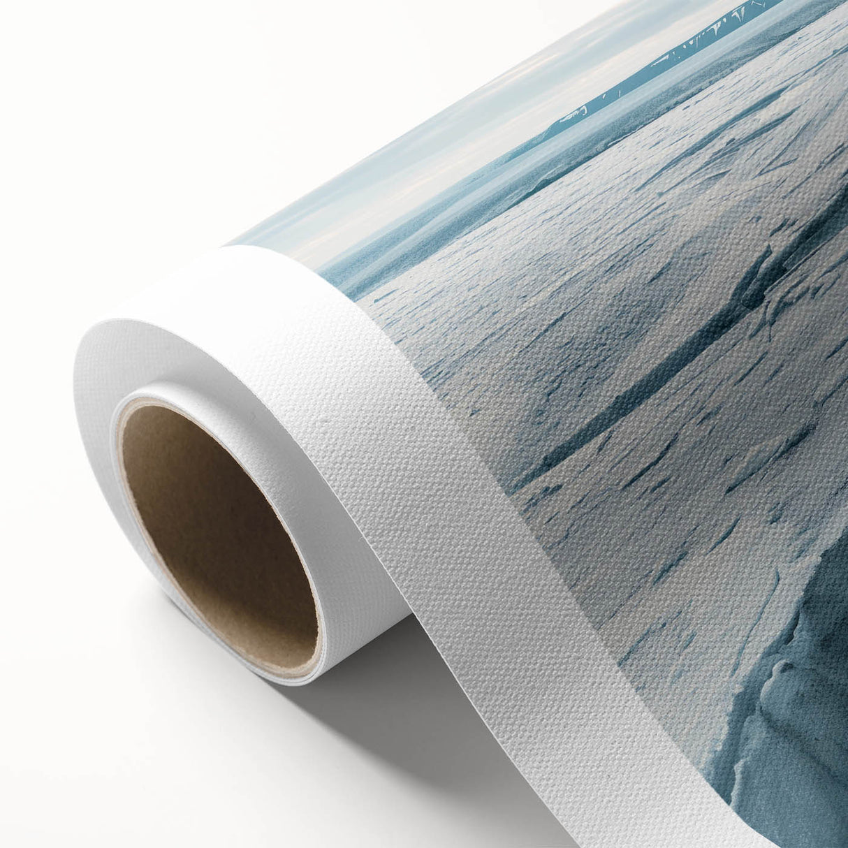 Stunning rolled canvas wall art showcasing a vibrant glacier landscape design, featuring rich blues and whites, perfect for adding a serene touch to any space.