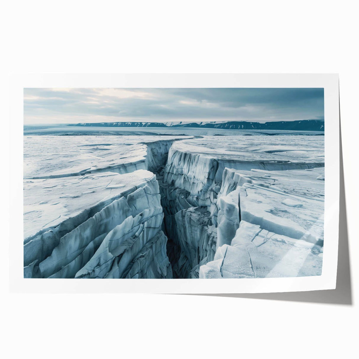 Glacier landscape wall art print showcasing vibrant blues and whites, capturing the stunning beauty of icy terrains, rolled and ready for display.