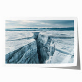 Glacier landscape wall art print showcasing vibrant blues and whites, capturing the stunning beauty of icy terrains, rolled and ready for display.