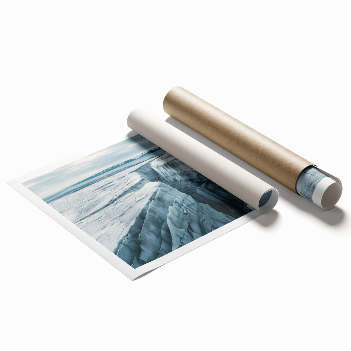 Stunning rolled print of a glacier landscape design, showcasing vibrant blues and whites, ideal for home decor or office spaces, elegantly packaged in a protective tube.
