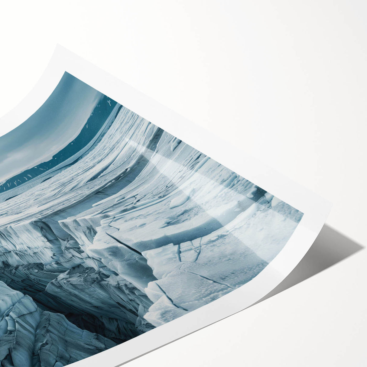 Stunning rolled wall art print showcasing a vibrant glacier landscape design with rich blues and whites, perfect for enhancing modern home decor.