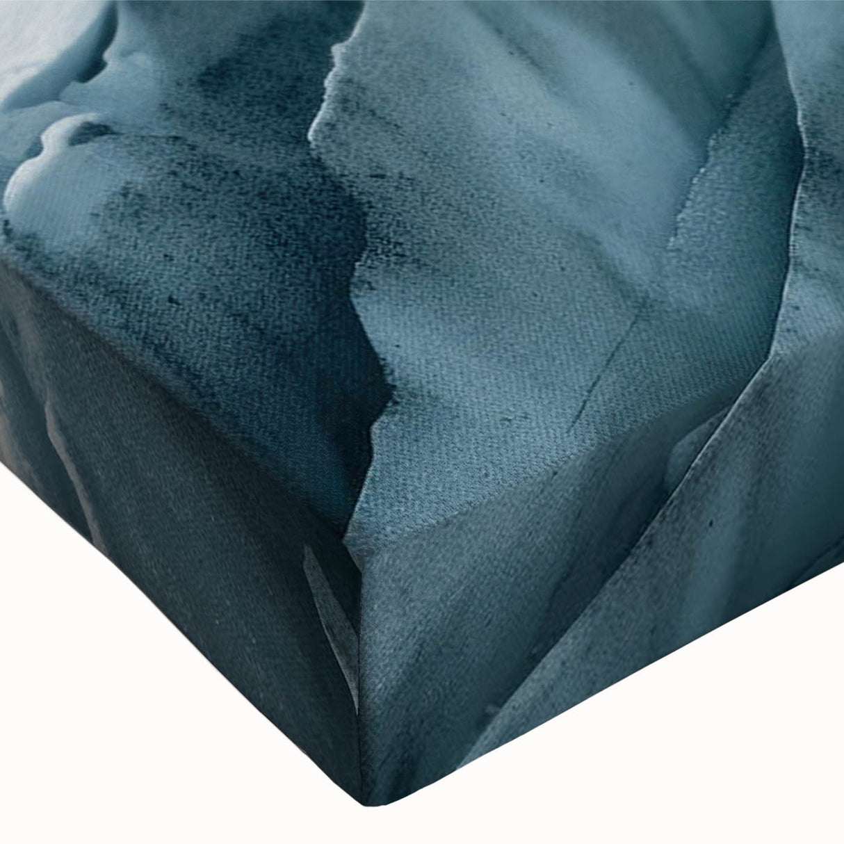 Close-up of a vibrant, stretched canvas wall art piece showcasing a detailed glacier landscape design, featuring cool blue and white tones, perfect for modern home decor.